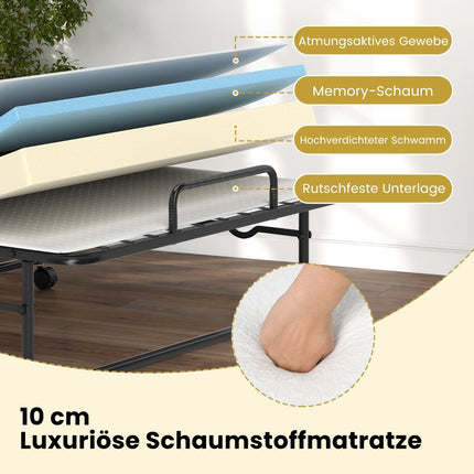 190 x 90 cm Klappbett mit Matratze und feststellbaren Rollen. Tragbares Gästebett
