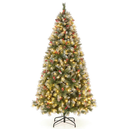 Sapin de Noël artificiel 195 cm avec lumières, neige, pommes de pin et baies rouges