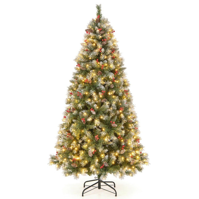 Sapin de Noël artificiel 195 cm avec lumières, neige, pommes de pin et baies rouges