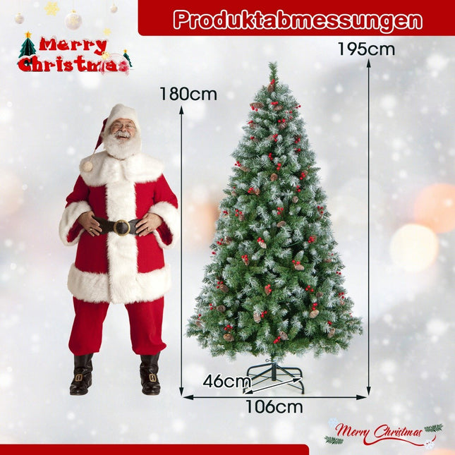 Sapin de Noël artificiel 195 cm avec lumières, neige, pommes de pin et baies rouges