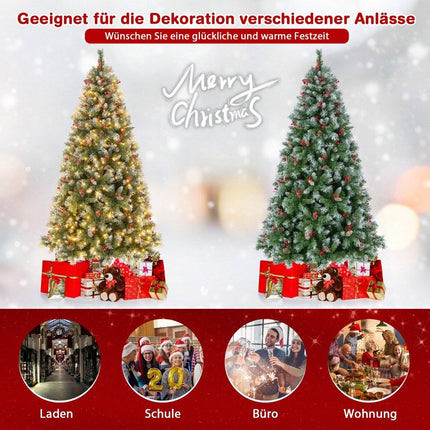 Sapin de Noël artificiel 195 cm avec lumières, neige, pommes de pin et baies rouges