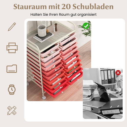 Rollwagen mit 20 Schubladen und Metallrahmen – Rosa