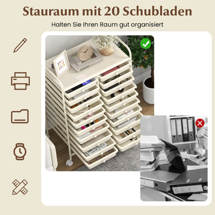 Rollwagen mit 20 Schubladen und Metallrahmen, Weiß