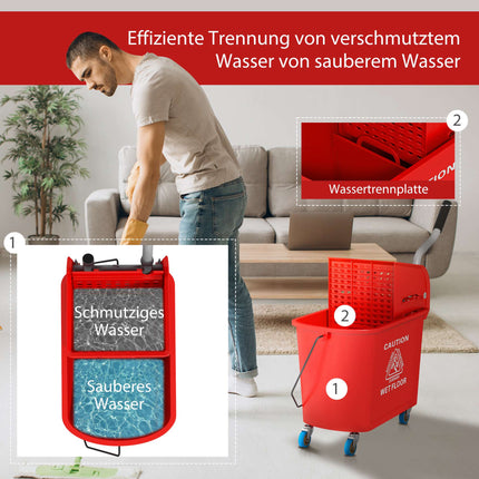Seau à serpillière de 20 L avec essoreuse, roulettes, plastique rouge