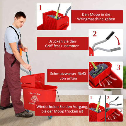 Seau à serpillière de 20 L avec essoreuse, roulettes, plastique rouge
