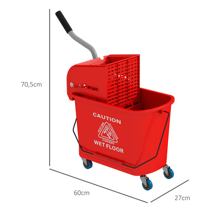 Seau à serpillière de 20 L avec essoreuse, roulettes, plastique rouge