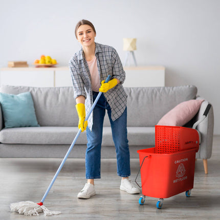 Seau à serpillière de 20 L avec essoreuse, roulettes, plastique rouge