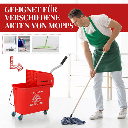 Seau à serpillière de 20 L avec essoreuse, roulettes, plastique rouge