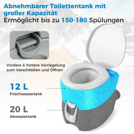 Tragbare Toilette, 20 l, mit abnehmbarem Fäkalientank, auslaufsicherem Sitz und Spülpumpe, Grau