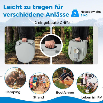 Tragbare Toilette, 20 l, mit abnehmbarem Fäkalientank, auslaufsicherem Sitz und Spülpumpe, Grau