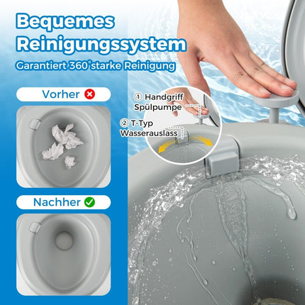 Tragbare Toilette, 20 l, mit abnehmbarem Fäkalientank, auslaufsicherem Sitz und Spülpumpe, Grau