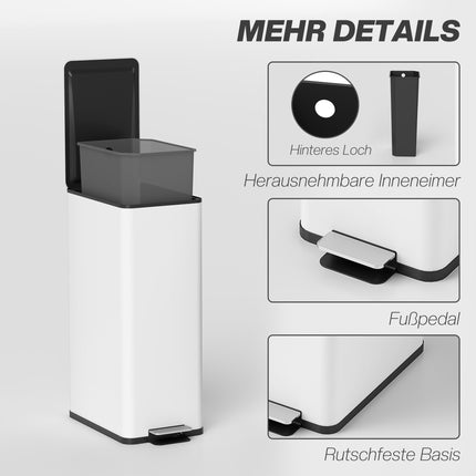 Poubelle de 20 L, couvercle à fermeture douce, acier inoxydable, blanche