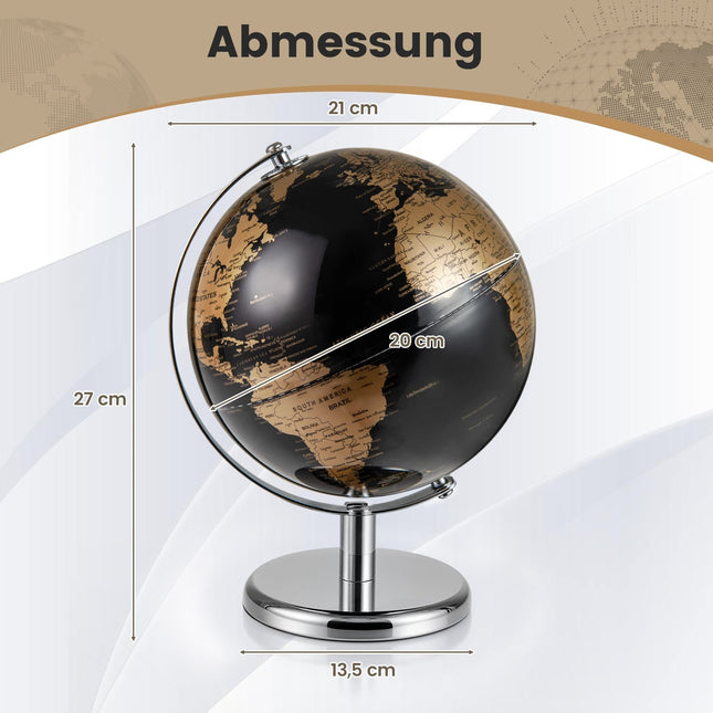 Globe terrestre en métal noir de 20 cm avec support - Outil pédagogique