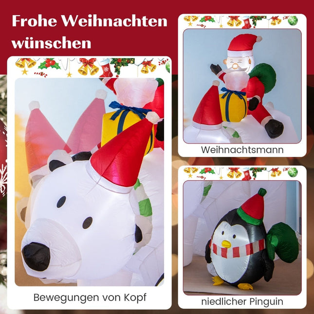 Ours polaire gonflable de 210 cm avec Père Noël, pingouin et LED