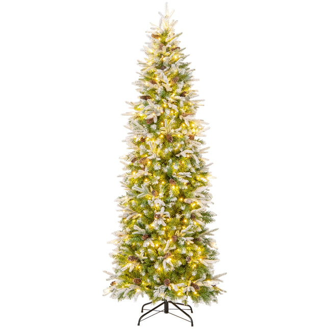 Sapin de Noël crayon pré-illuminé de 225 cm avec branches floquées de neige