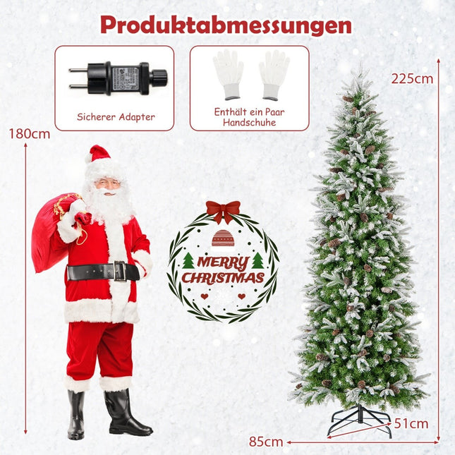 Sapin de Noël crayon pré-illuminé de 225 cm avec branches floquées de neige