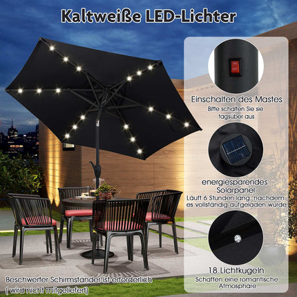 Parasol de terrasse noir de 230 cm avec éclairage solaire LED