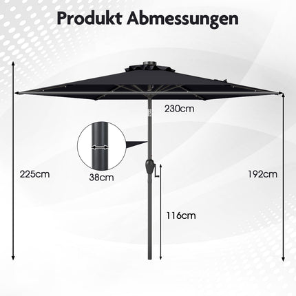 Parasol de terrasse noir de 230 cm avec éclairage solaire LED