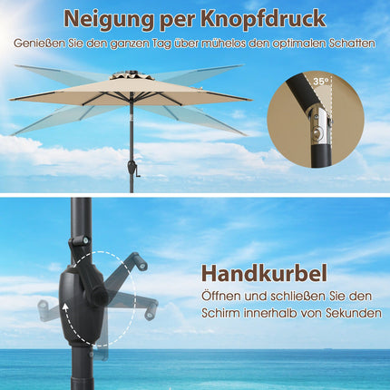 Parasol de terrasse de 230 cm avec éclairage solaire LED et manivelle