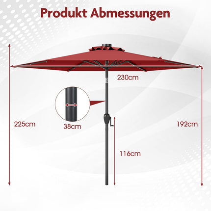 230 cm Sonnenschirm mit LED-Solarleuchten und Kurbel