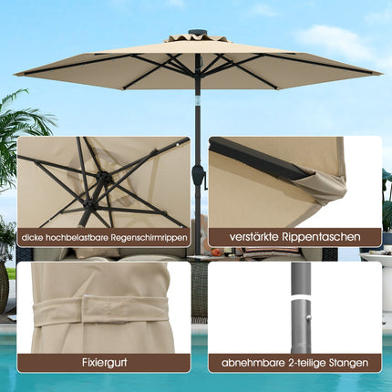 Parasol de terrasse de 230 cm avec éclairage solaire LED et manivelle
