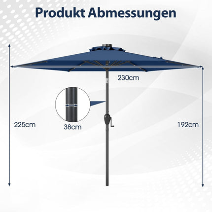 Parasol de terrasse de 230 cm avec éclairage solaire LED, bleu marine