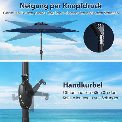Parasol de terrasse de 230 cm avec éclairage solaire LED, bleu marine