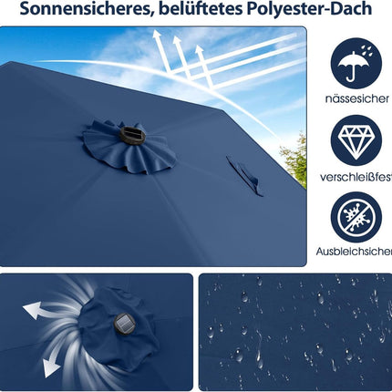 Parasol de terrasse de 230 cm avec éclairage solaire LED, bleu marine