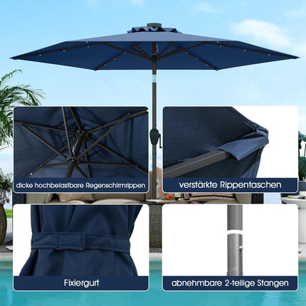 Parasol de terrasse de 230 cm avec éclairage solaire LED, bleu marine