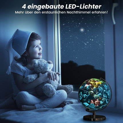 Globe lumineux Ø 23 cm avec socle et lumière en métal & carte géographique anglaise & carte des constellations