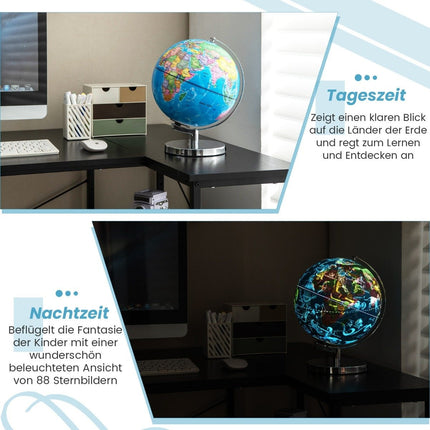 Globe lumineux Ø 23 cm avec socle et lumière en métal & carte géographique anglaise & carte des constellations