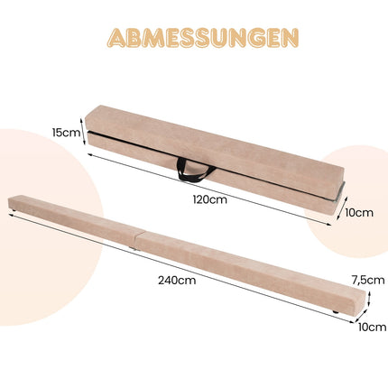 Poutre de gymnastique pliable de 240 cm avec revêtement en daim, marron
