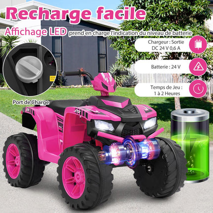 Quad électrique enfant 24 V, 2 vitesses, musique sans fil, rose