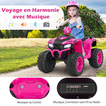 Quad électrique enfant 24 V, 2 vitesses, musique sans fil, rose