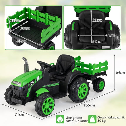 Tracteur électrique pour enfants 24 V avec remorque, LED, musique, vert