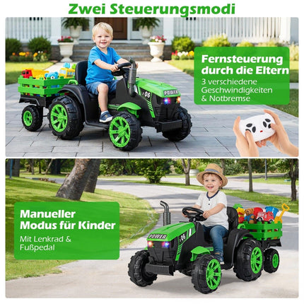 Tracteur électrique pour enfants 24 V avec remorque, LED, musique, vert
