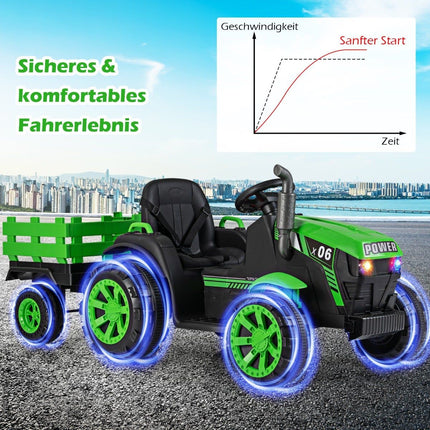 Tracteur électrique pour enfants 24 V avec remorque, LED, musique, vert