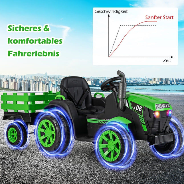 Tracteur électrique pour enfants 24 V avec remorque, LED, musique, vert