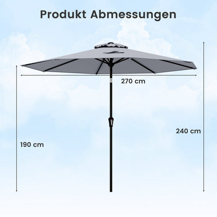270 cm Grauer Terrassenschirm, Kurbelneigung, UV-Schutz