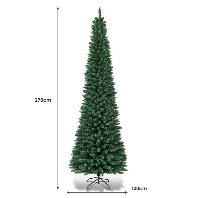 Sapin de Noël crayon de 270 cm avec support en métal, vert