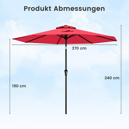 Parasol de terrasse rouge de 270 cm, inclinable et à manivelle, protection UV