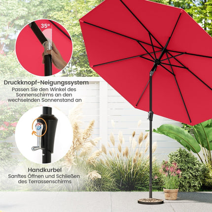 Parasol de terrasse rouge de 270 cm, inclinable et à manivelle, protection UV