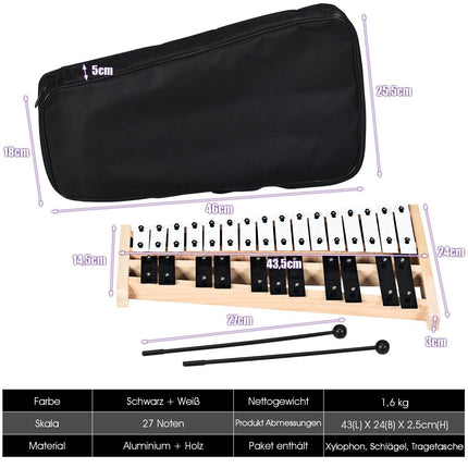 27-Ton-Xylophon mit 2 Schlägeln und Tragetasche Glockenspiel Handpercussion Percussion