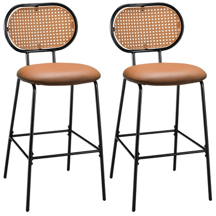 Tabouret de bar en similicuir de 75 cm, dossier en rotin, marron