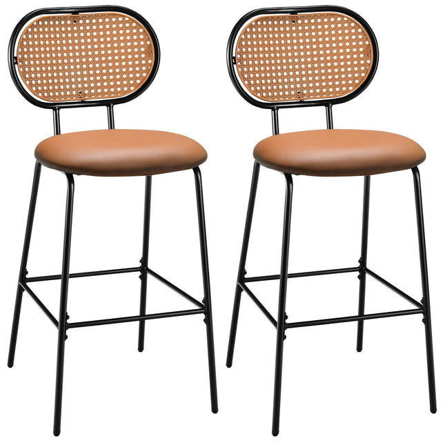 Tabouret de bar en similicuir de 75 cm, dossier en rotin, marron