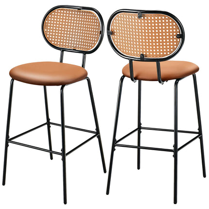 Tabouret de bar en similicuir de 75 cm, dossier en rotin, marron