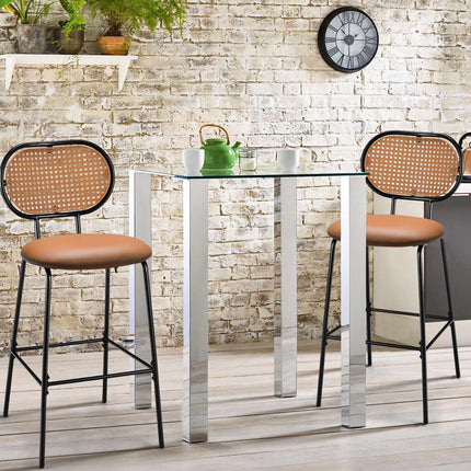 Tabouret de bar en similicuir de 75 cm, dossier en rotin, marron
