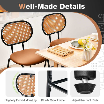 Tabouret de bar en similicuir de 75 cm, dossier en rotin, marron