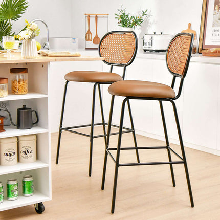 Tabouret de bar en similicuir de 75 cm, dossier en rotin, marron