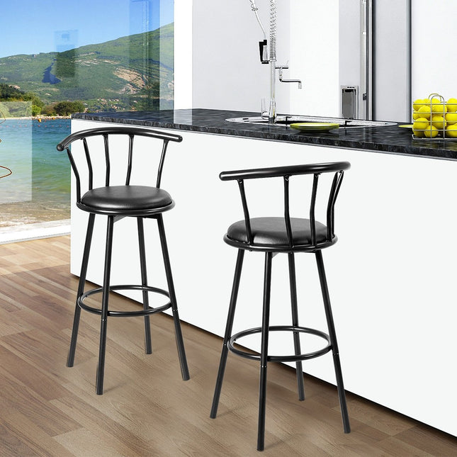 2 tabourets de bar noirs, pivotants à 360°, structure en acier, coussins en mousse